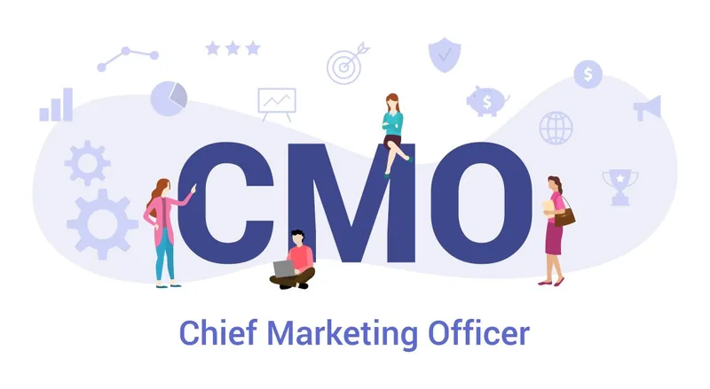 Illustration du sigle CMO, Chief Marketing Officer, entouré de petits personnages et d'icônes de gestion