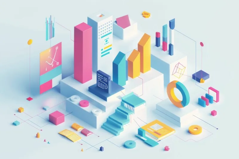 Illustration isométrique de graphiques, de blocs et d'escaliers aux couleurs pastel
