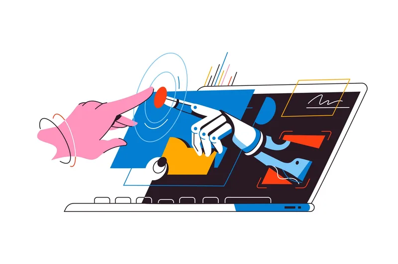 Illustration d'une main humaine et d'une main robotique qui se touchent à travers l'écran d'un ordinateur portable